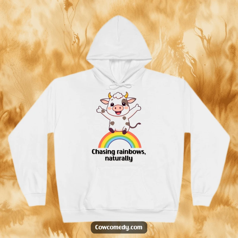 Funny cheerful cow jumping over a colorful rainbow on a soft hoodie, perfect for cozy, happy moments.