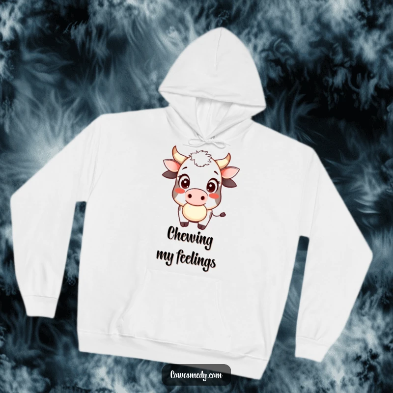 Funny cow cud chewer hoodie with a smiling cow, large innocent eyes, playfully chewing cud, offering cozy farm humor.