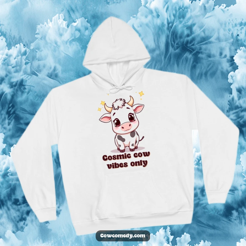 Funny hoodie depicting an adorably curious cow trying to catch shooting stars with its big, innocent eyes.