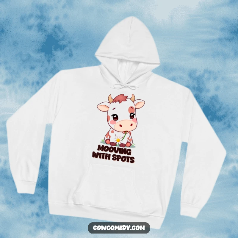 Funny hoodie with a cute spotted cow enjoying a daisy, exuding happiness and warmth, a perfect casual wear gift.