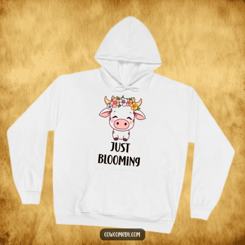 Funny kawaii cow hoodie depicting a serene cow wearing a flower crown, looking content, offering warmth and peaceful charm.