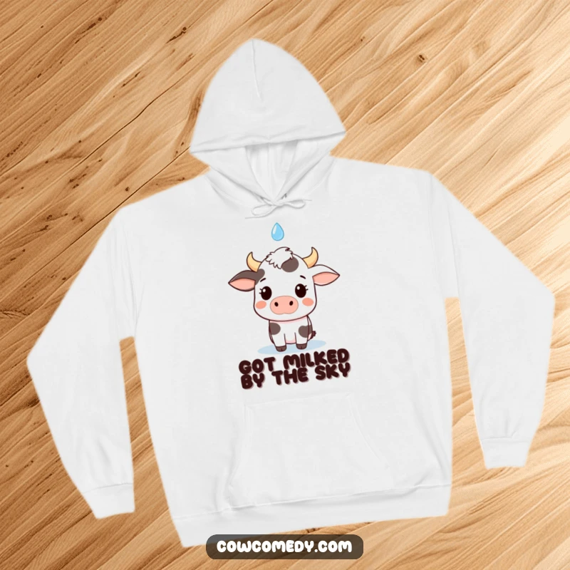 Funny kawaii cow hoodie, captured in a moment of surprised wonder as a raindrop descends, radiating cute and comical charm.