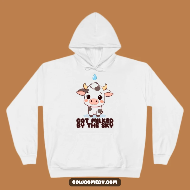 Cozy funny kawaii cow hoodie, a perfect gift for art fans, showing a surprised cow facing a raindrop.