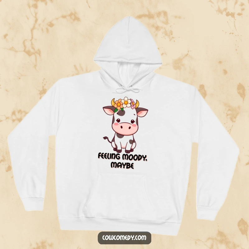 Funny Kawaii Cow Hoodie showcasing a sweet cow with a flower crown. Comfortable and cute apparel, suitable for cooler weather and expressing joy.