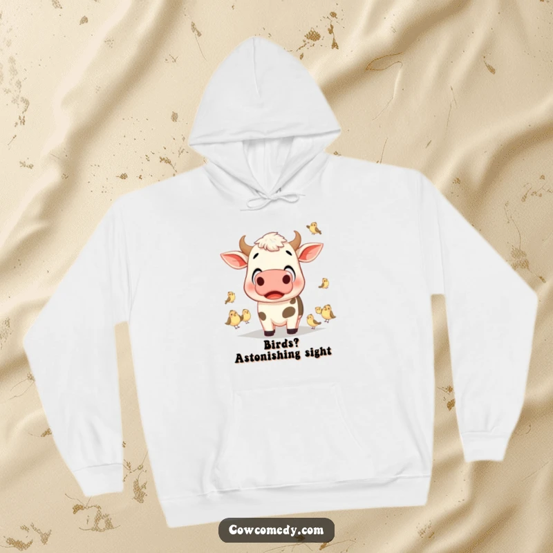 Funny cow with wide, surprised eyes watching small birds on a soft hoodie, ideal for cozy amusement.