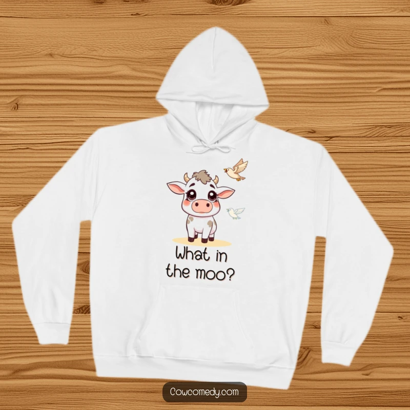 Funny cow hoodie illustration of a cow with wide, shocked eyes fixated on a flying bird, radiating hilarious farmyard bewilderment.