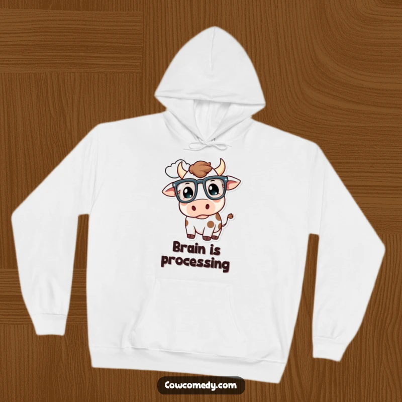 Funny Kawaii Cow Hoodie: A cow with oversized glasses thoughtfully gazes at a cloud, comfortable and funny gift.