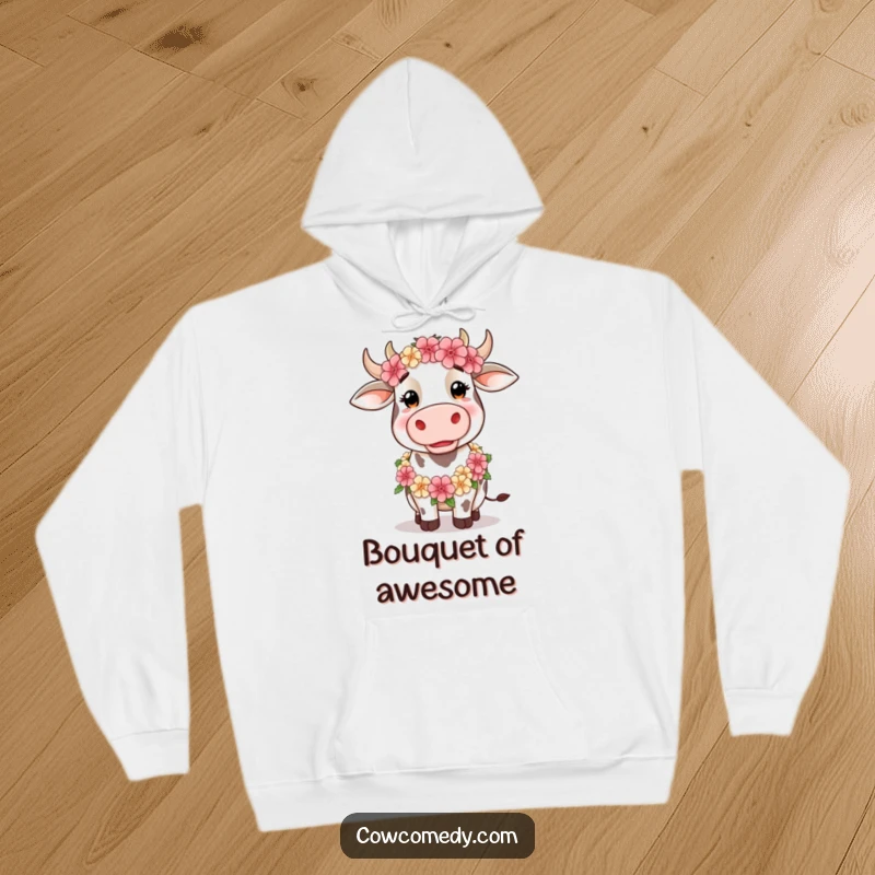 Funny Hoodie depicting a silly cow adorned with a floral garland, offering cozy comfort and whimsical humor.