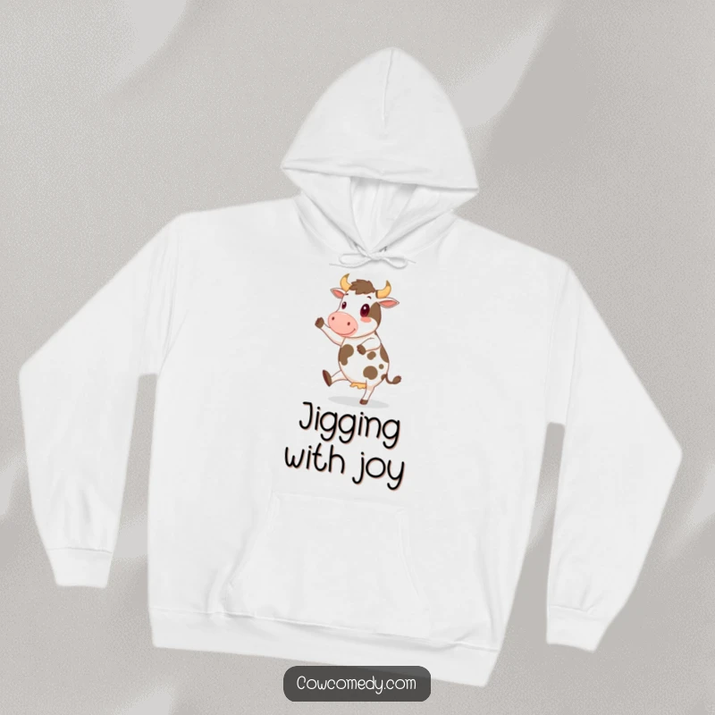 Funny Hoodie featuring a cheerful cow doing a jig, offering cozy warmth and humorous dance vibes.