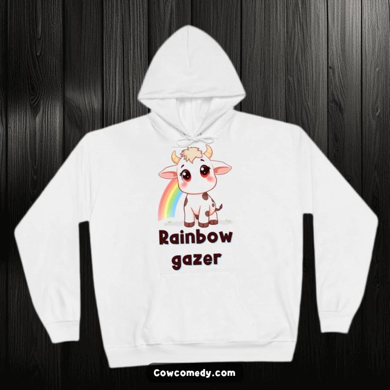 Funny hoodie with a curious cow, large eyes, watching a rainbow, adding a touch of magic and warmth, a thoughtful gift.