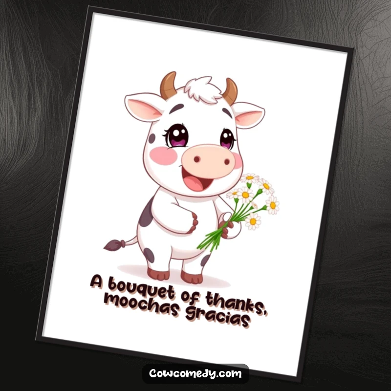 Funny Free Printable Wall Art of a happy cow character holding a small bouquet of daisies, adding cheerful vibes.
