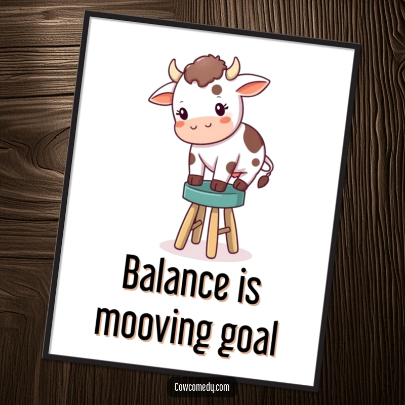 Funny Free Printable Wall Art: A determined little cow humorously trying to balance on a comically small stool, perfect decor.