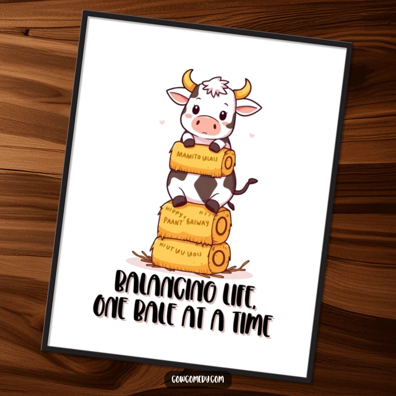 Funny Free Printable Wall Art: Kawaii cow comically attempting to balance a huge stack of hay bales.