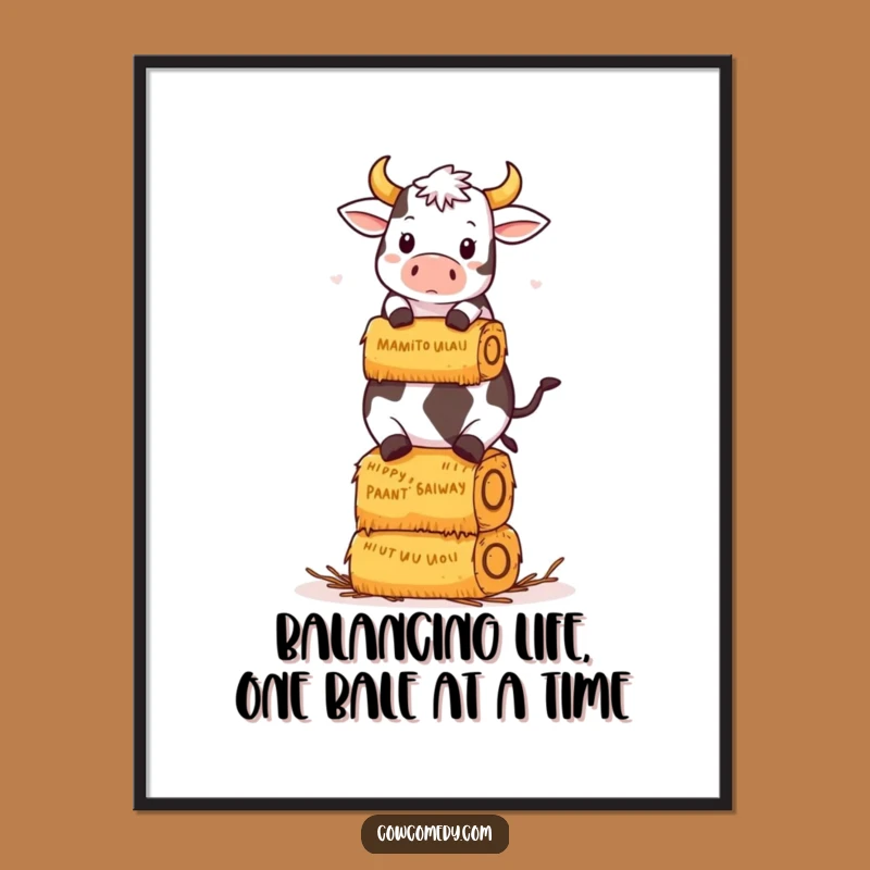 Free Printable Kawaii Cow Wall Art: Funny Hay Bale Cow Downloadable Art