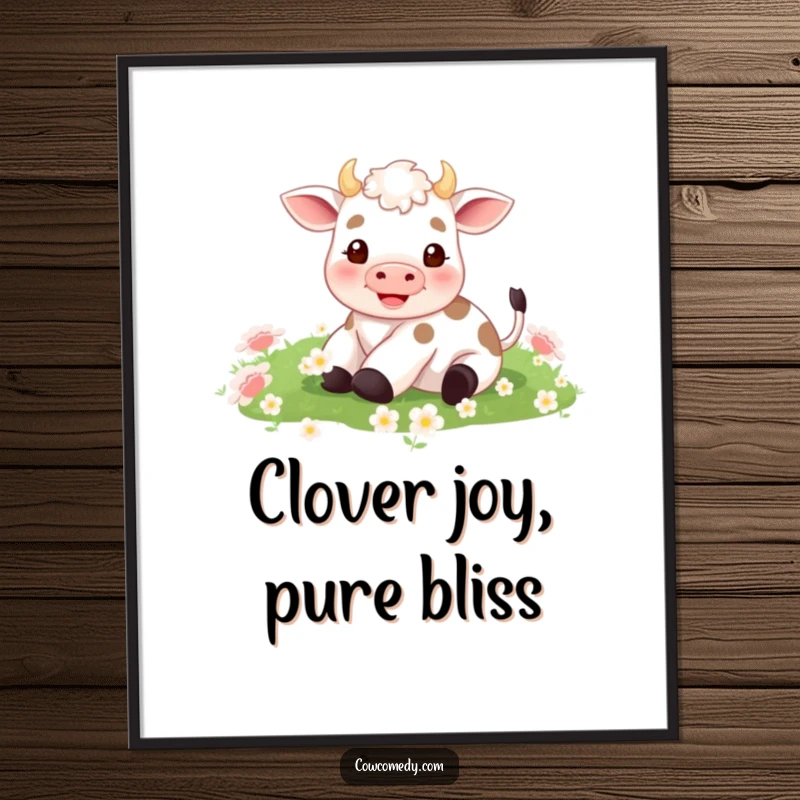 Funny Free Printable Wall Art: A tiny, adorable cow happily rolling and playing in a field of soft clover.