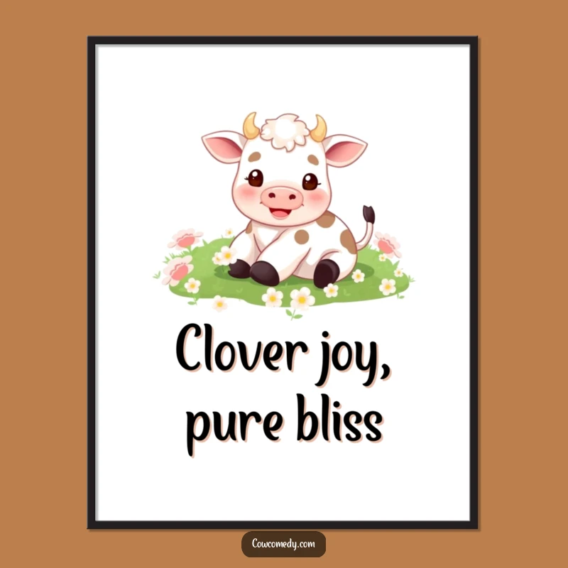 Funny Free Printable Wall Art: Tiny Rolling Cow in Clover, Joyful Downloadable Decor