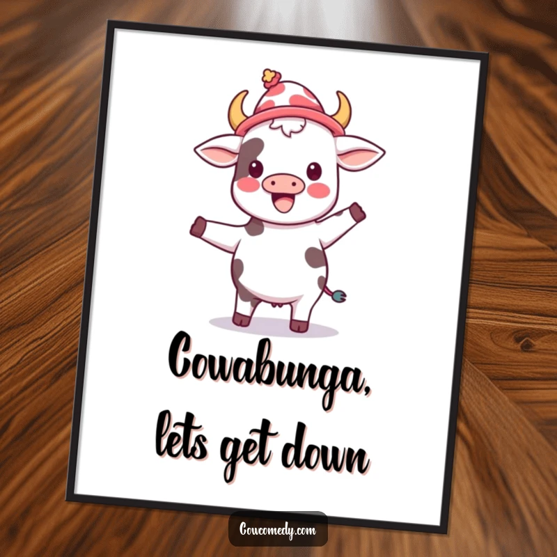 Funny Free Printable Wall Art: Kawaii cow wearing a silly hat and dancing joyfully, a vibrant and humorous piece.