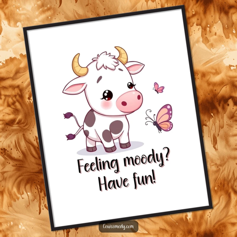 Funny Free Printable Cow Wall Art capturing a joyous cow mid-tail wiggle, a whimsical piece of decor.