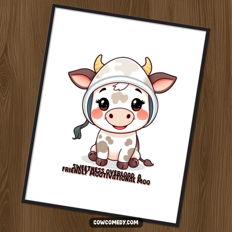 Funny Free Printable Wall Art of a smiling cow kid wearing a bonnet, giving a friendly 'moo', perfect for cute decor.
