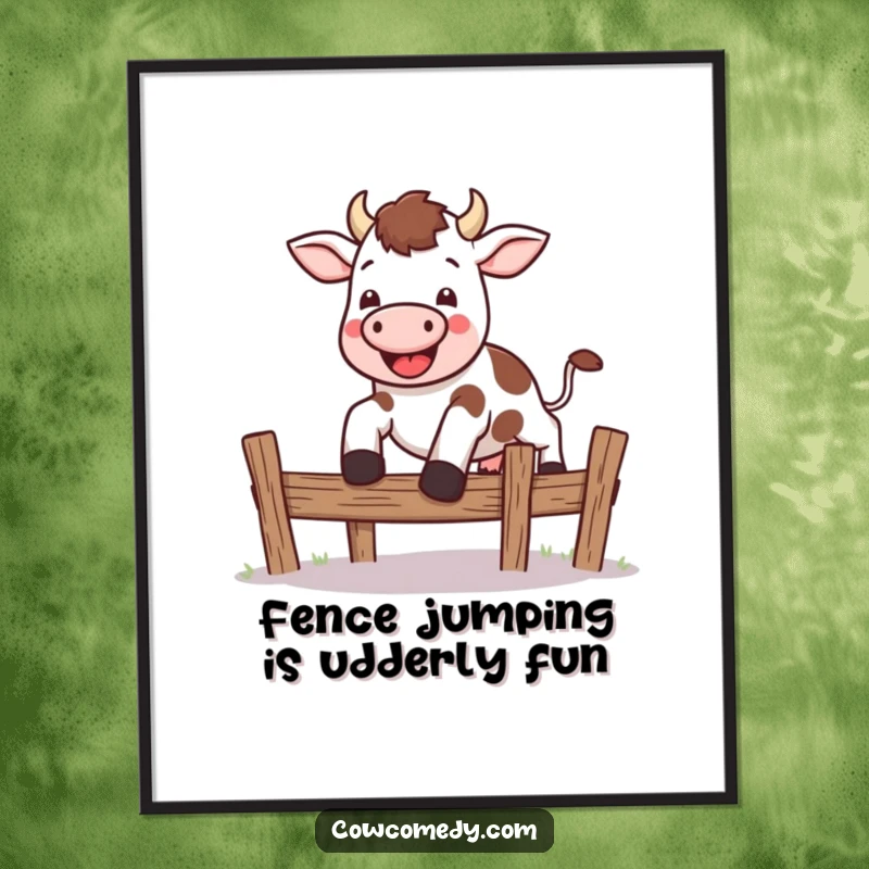 Funny Free Printable Wall Art: Kawaii cow soaring gleefully over a small, stylized fence.