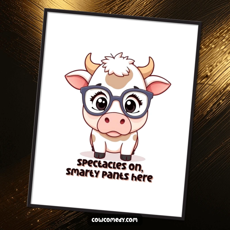 Funny Free Printable Wall Art: Kawaii cow with oversized glasses, eyes popping in surprise.
