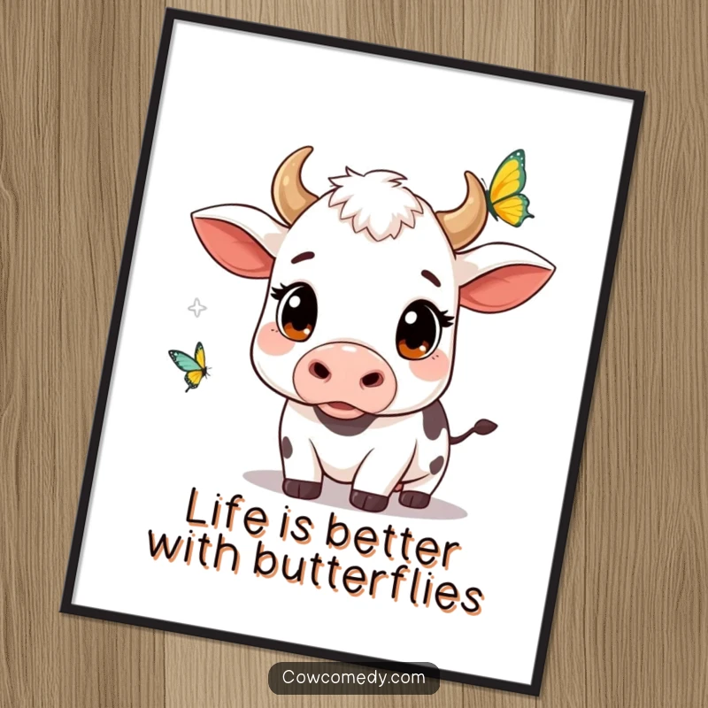 Funny Free Printable Kawaii Cow Wall Art, wide curious eyes, captivated by a fluttering butterfly, adding charm to any room.