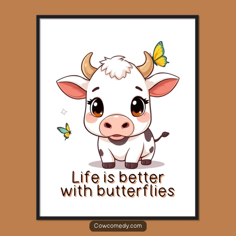 Free Printable Kawaii Cow Wall Art: Curious Butterfly Watcher Funny Downloadable Art