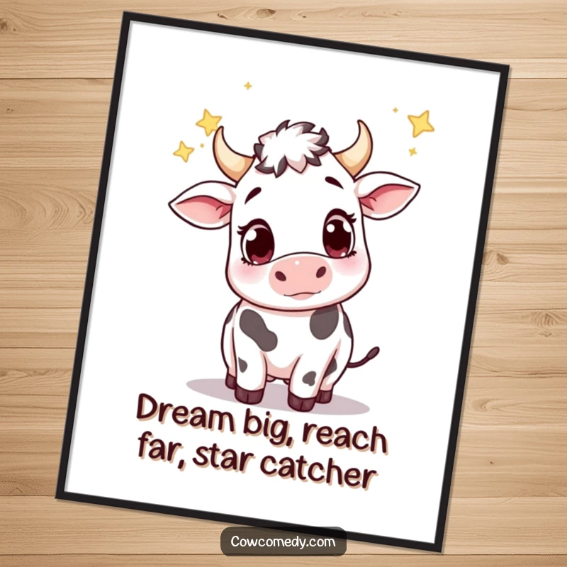 Funny free printable wall art featuring a cute cow with big, wondering eyes trying to catch falling stars.