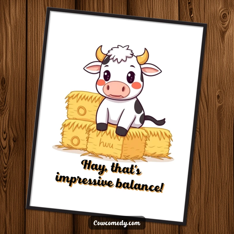 Funny Free Printable Wall Art: Determined cow wobbling with a giant stack of hay bales, humorous downloadable decor, motivational farm art.