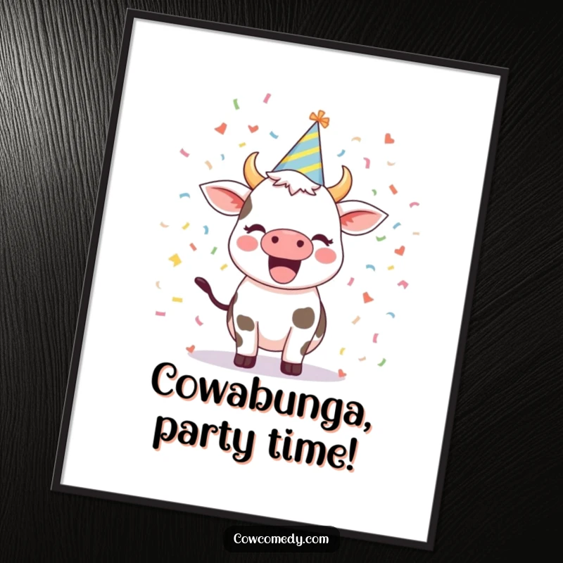 Funny Free Printable Wall Art: An excited cow sporting a party hat, joyfully surrounded by festive confetti.