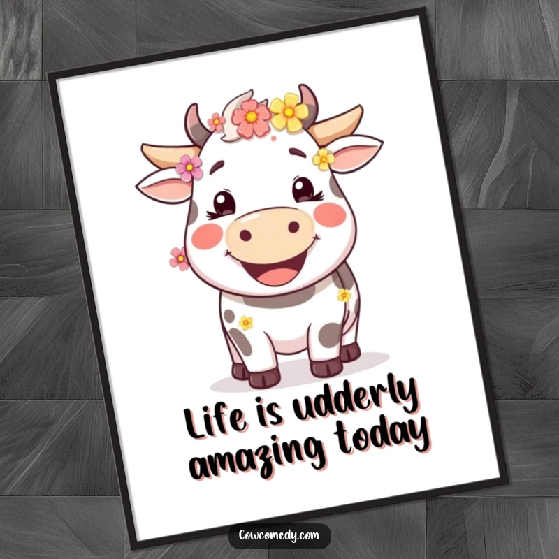 Funny Free Printable Wall Art: A happy cow with a wide smile and flowers in its fur, radiating joy.