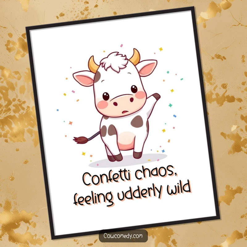 Funny free printable wall art featuring a playful cow kicking up a small cloud of colorful confetti.