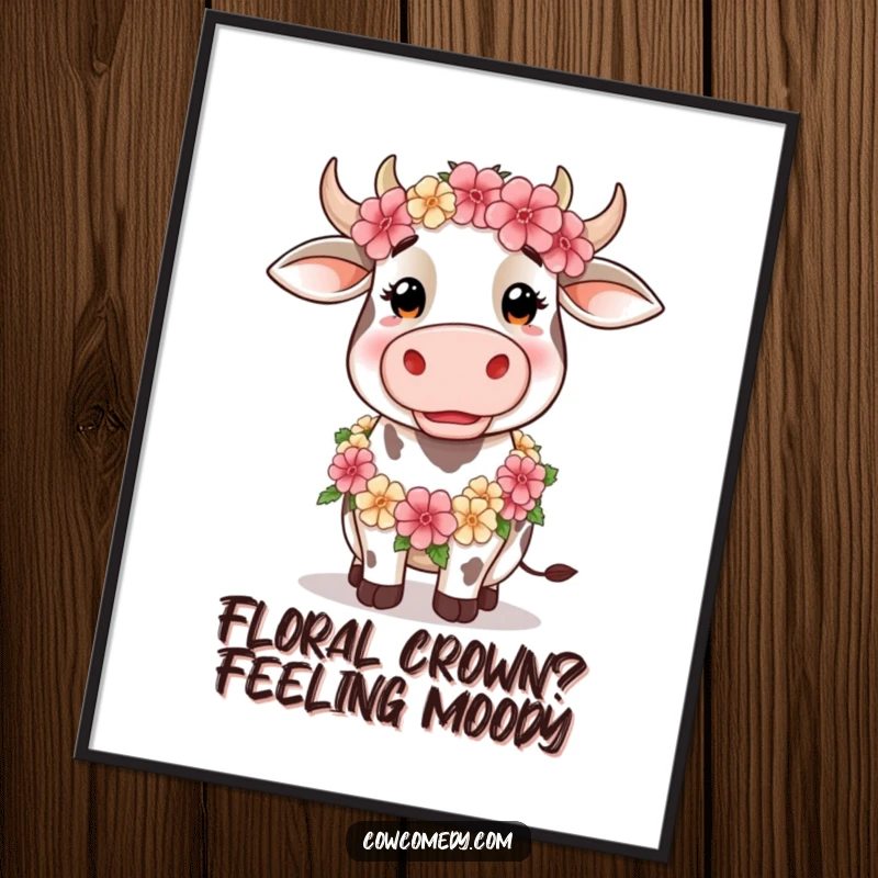 Funny Free Printable Wall Art: Silly cow wearing a festive floral garland, humorous downloadable decor, whimsical farmhouse art.
