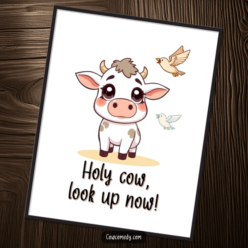 Funny Free Printable Wall Art: A cow with enormous, surprised eyes gazing in wonder at a small bird flying past.