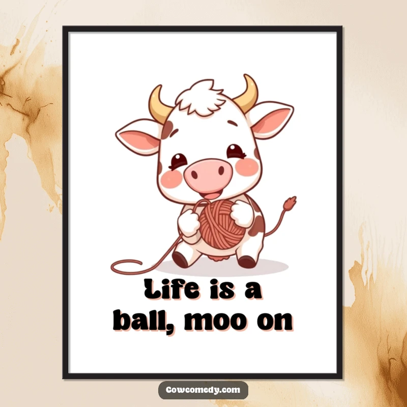 Funny Free Printable Wall Art: An energetic and happy cow playing enthusiastically, bouncing a yarn ball with its nose, creating cheerful decor.