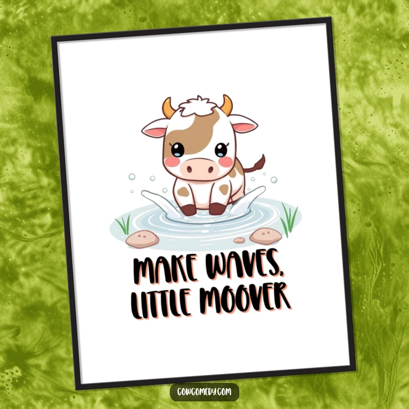 Funny Free Printable Wall Art: A cute kawaii cow gleefully splashing water in a small, serene pond.