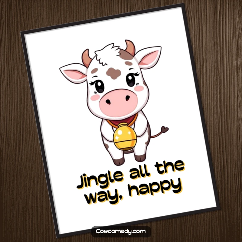 Funny Free Printable Wall Art: A whimsical cow wearing a bell that sparkles joyfully, radiating pure glee.