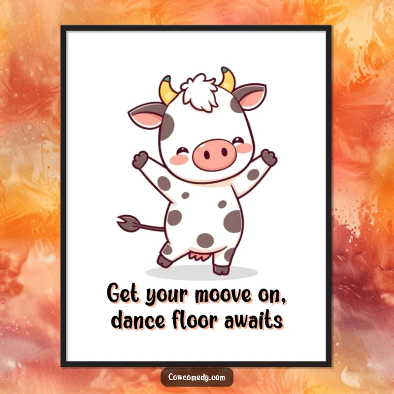 Funny Free Printable Wall Art of a kawaii spotted cow doing a gentle, happy dance, perfect for whimsical decor.