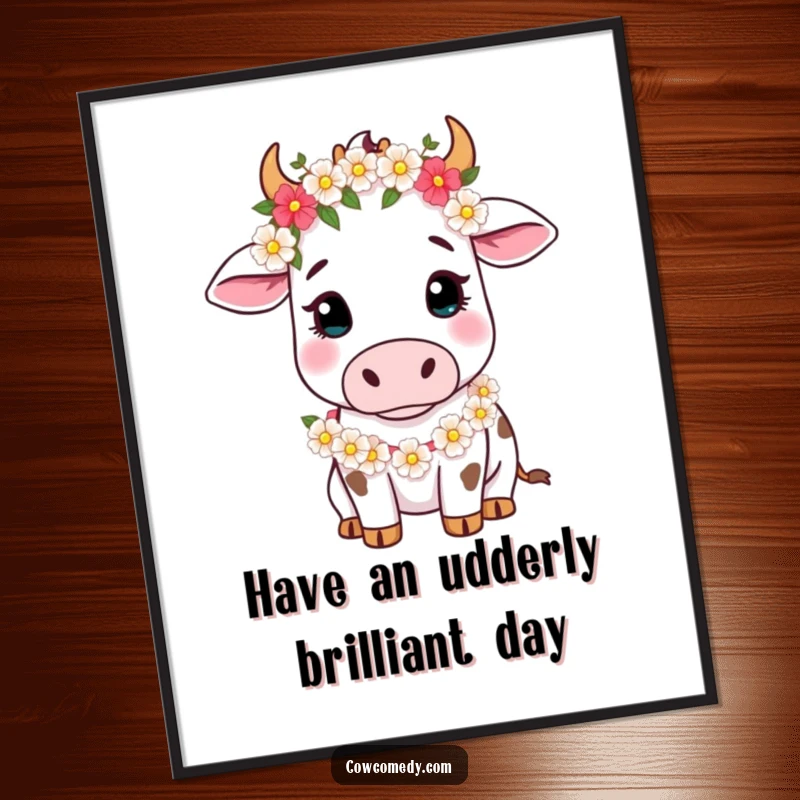 Funny Free Printable Cow Wall Art featuring a serene cow in a flower garland, exuding gentle charm.