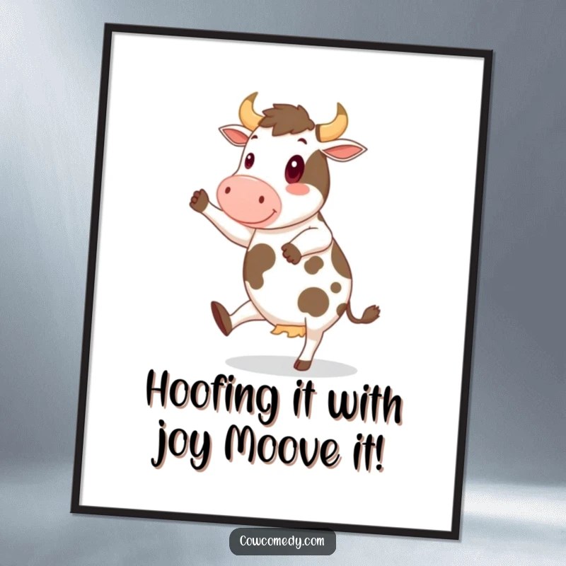 Funny Free Printable Wall Art: Cheerful cow joyfully doing a jig with its hooves in the air, humorous downloadable decor.