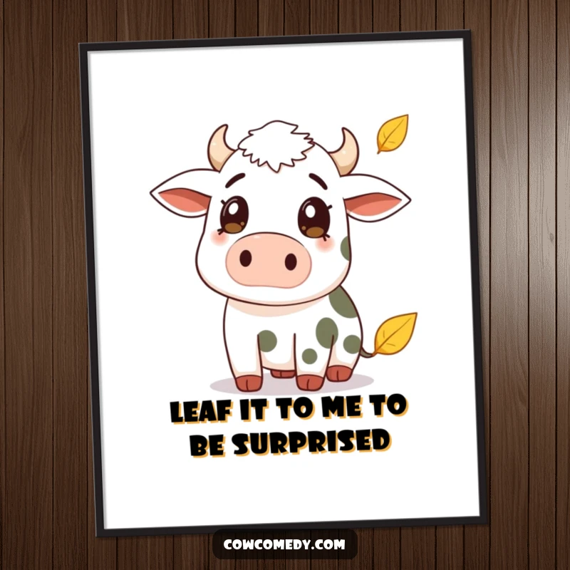 Funny Free Printable Wall Art: A cow with a comically surprised expression watches a single leaf gently falling.