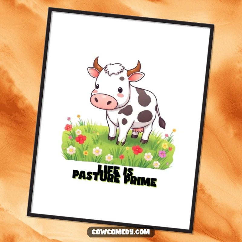 Funny Free Printable Cow Wall Art: A content cow happily grazing in a lush, vibrant meadow, creating a peaceful scene.