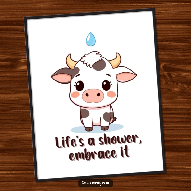 Funny Free Printable Wall Art: A cute kawaii cow with wide eyes and an open mouth, surprised by a falling raindrop.