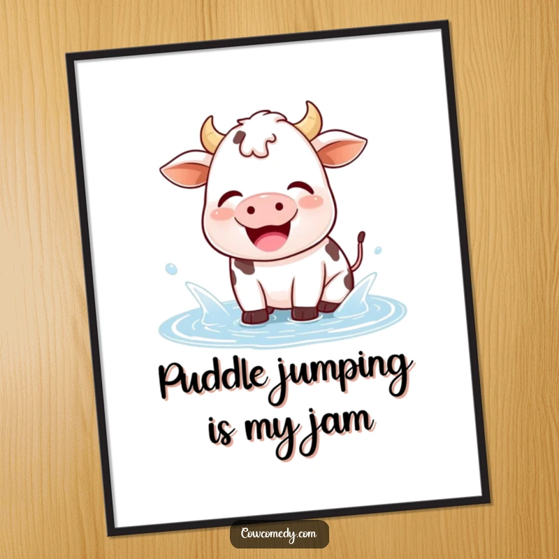 Funny Free Printable Kawaii Cow Wall Art, joyfully splashing in a small puddle, sighing happily, radiating pure fun.