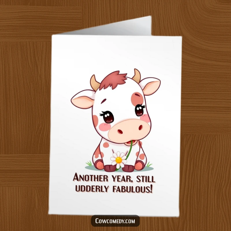 Funny Free Printable Birthday Card: Cute spotted cow with pink cheeks, happily chewing a daisy, perfect for a fun DIY greeting.