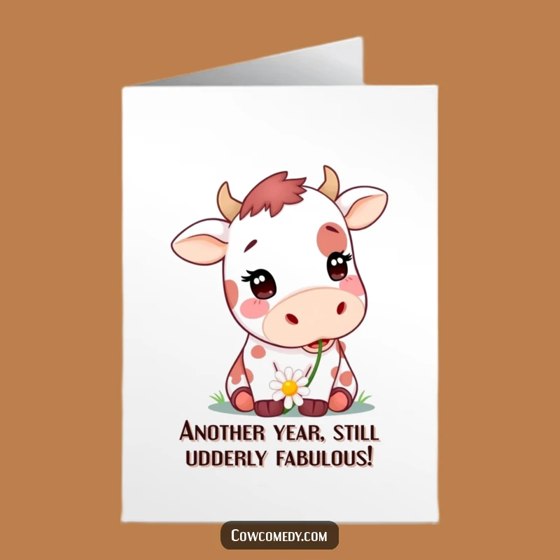 Free Printable Birthday Card: Cute Spotted Cow Daisy Chewer - Funny Downloadable Gift