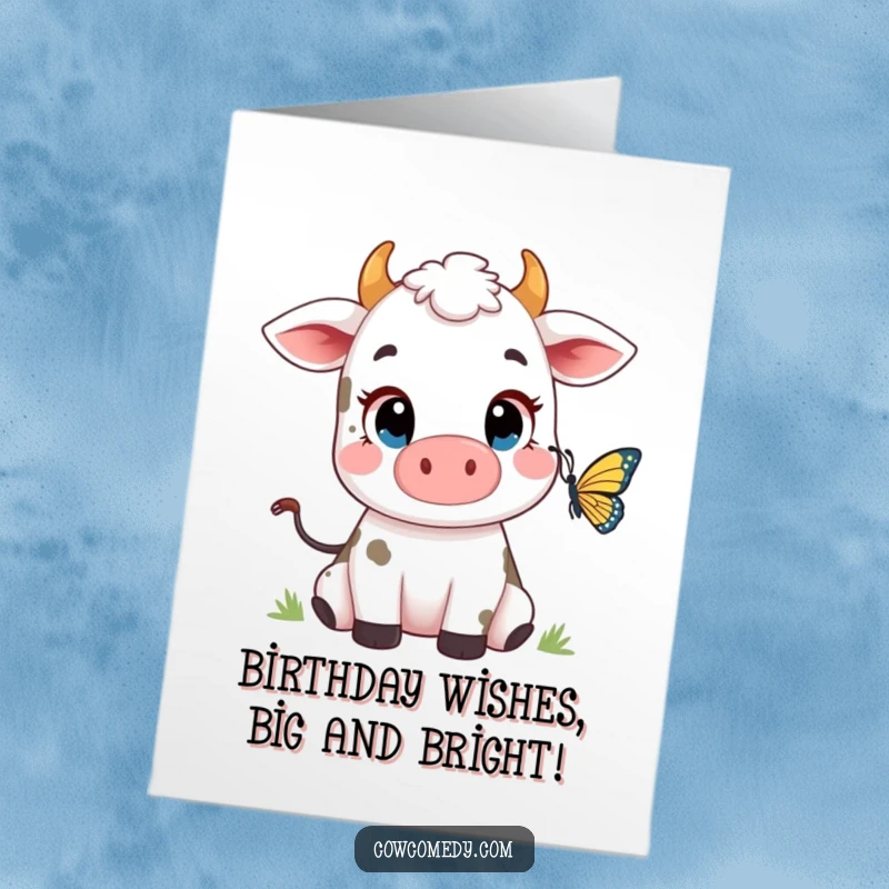Funny Free Printable Happy Birthday card showing a cute cow with wide eyes mesmerized by a fluttering butterfly.