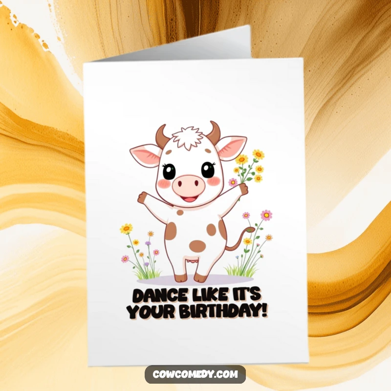 Funny free printable birthday card showing a happy cow with a wide smile, dancing joyfully with wildflowers.