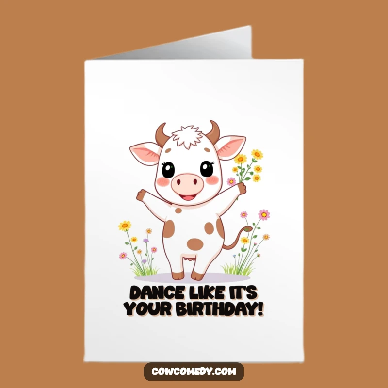 Free Printable Birthday Card: Joyful Cow Dancing Funny Downloadable Gift