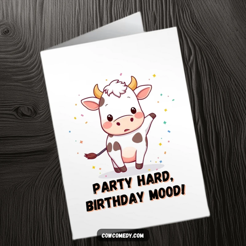 Funny free printable birthday card featuring a playful cow kicking up a cloud of colorful confetti.